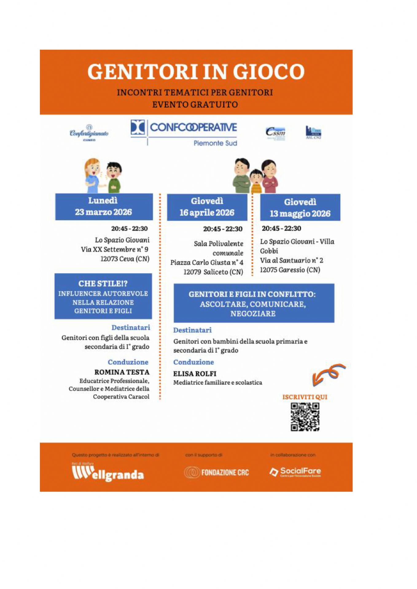 Il 13 maggio alle ore 20,45, presso Villa Gobbi, si svolgerà l'incontro "Genitori in gioco"  - incontri tematici per genitori (diretto ai genitori bambini della scuola primaria e secondaria di primo grado
conduce Elisa Rolfi mediatrice familiare e scolastica
Ingresso gratuito