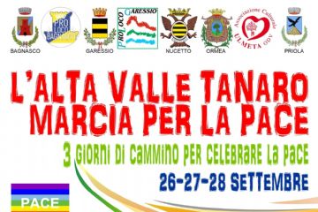 Venerdì 26 settembre: Nucetto - Bagnasco
ore 14,30: ritrovo in località Fabbriche a Nucetto
camminata lungo la sterrata pianeggiante verso Bagnasco
al bivio di Battifollo: via Basteris, via dei Galli - arrivo al Bar Roma
ore 17,00 festa della pace

Sabato 27 settembre: Priola - Garessio
ore 14,30: ritrovo in Piazza della Chiesa a Priola
percorso: via Vecchia Torino, via Lepetit, via Aleramo, Ponte Barjols
lungo il Tanaro fino al Ponte Odasso a Garessio
ore 17,00 festa della pace

Domenica 28 settembre: Barchi - Ormea
ore 14,30: ritrovo al Ponte San Bernardo
pista ciclabile fino al Ponte dei Sospiri
a desta verso il giardino botanico
ore 17,00: festa della pace

Scarpe comode e voglia di condividere



