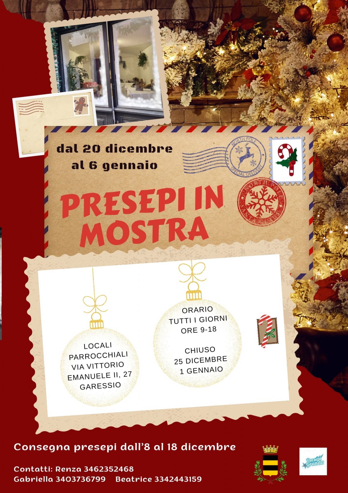 Dal 20 dicembre 2025 al 6 gennaio 2026 di svolgerà "Presepi in mostra" presso i locali parrocchiali di Via Vittorio Emanuele II n. 27.
La mostra sarà visitabile tutti i giorni dalle 9,00 alle 18,00.
Sarà chiusa il 25 dicembre ed il 1 gennaio.
I presepi dovranno essere consegnati dall'8 al 18 dicembre 2025
Per informazioni: 
Renza 3462352468
Gabriella 3403736799
Beatrice 3342443159