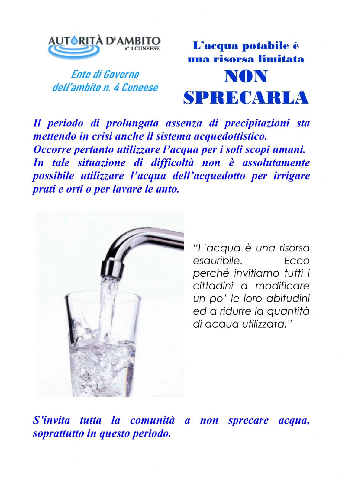 L'acqua potabile è una risorsa limitata, non sprecarla - Comune di Ostana.  Sito istituzionale e info turistiche