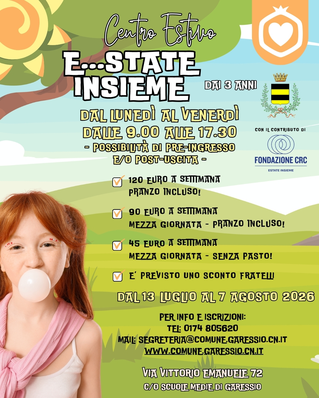 sfondo verde con sole e mambina in primo piano con note del centro e informazioni principali