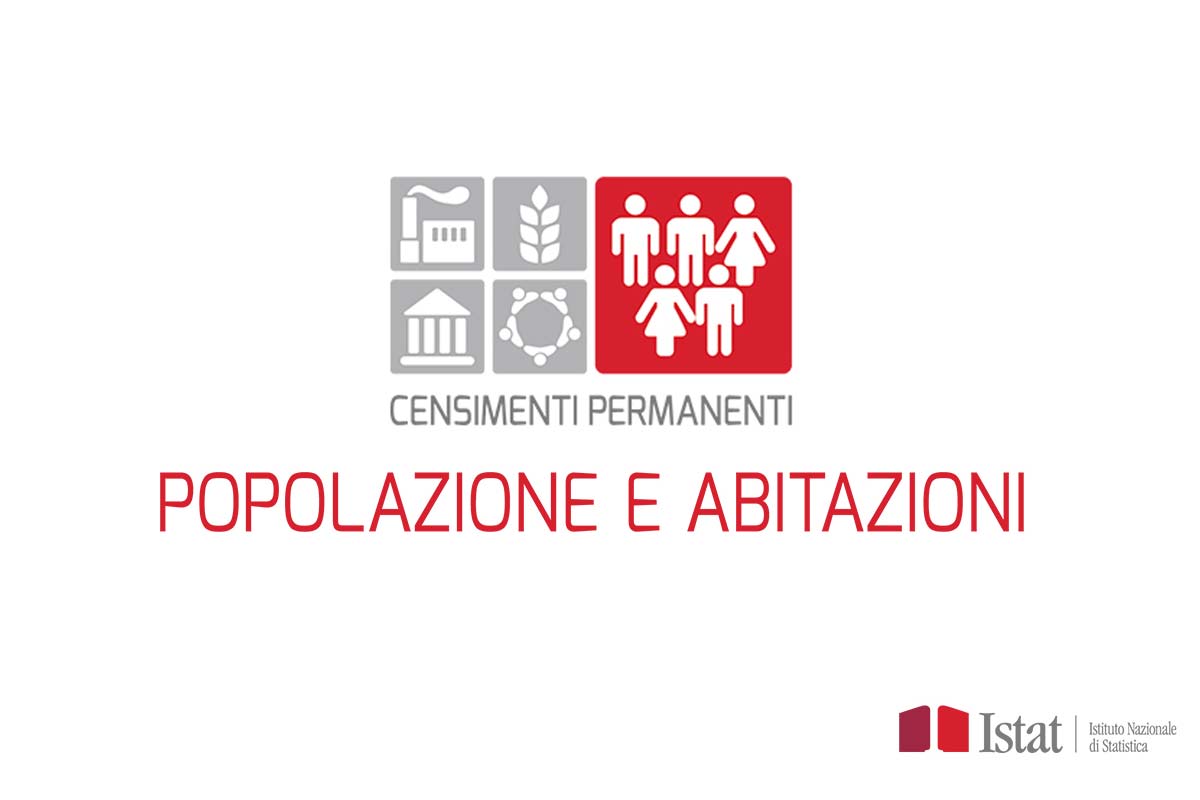 Riquadri con immagini varie su fondo grigio e immagine con cinque figure umane su fondo rosso con scritta e simbolo Istat